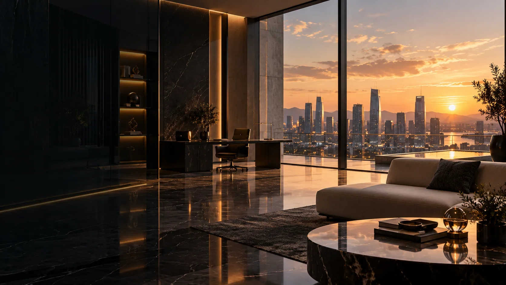 Oficina ejecutiva con vistas a la ciudad al atardecer