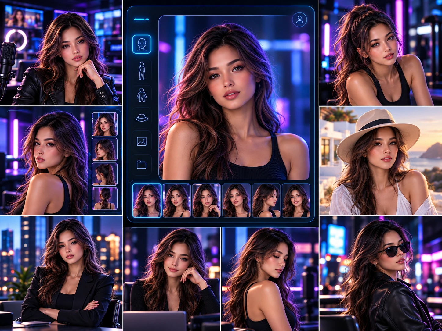Mosaico de un avatar con identidad reconocible en distintos retratos, poses y escenas.