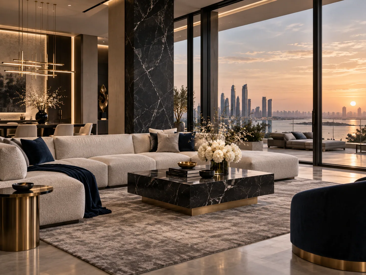 Residencia contemporánea con vistas a la ciudad al atardecer