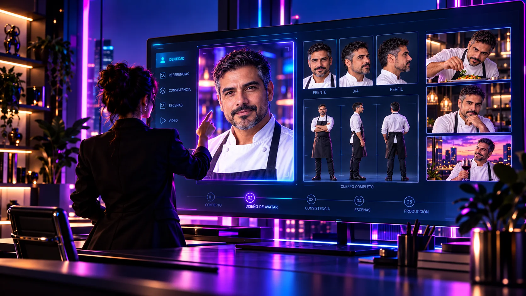 Estudio de creación de avatares digitales con un portátil y paneles de personajes, imágenes y escenas.